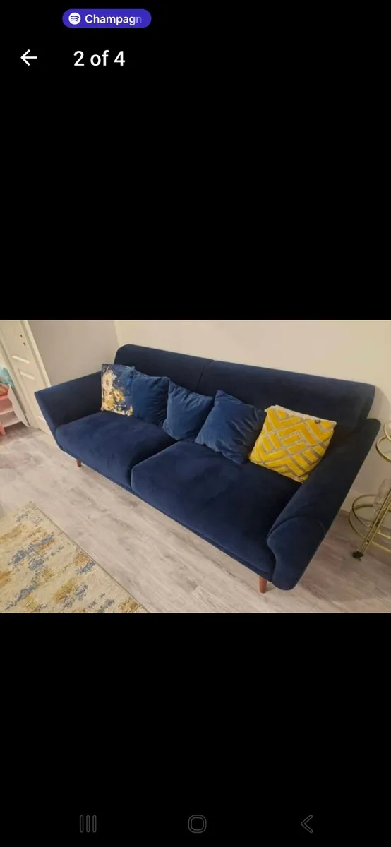 3 & 2 Navy Velvet Couch /Sofa with cushions - Image 2