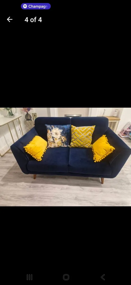 3 & 2 Navy Velvet Couch /Sofa with cushions - Image 4