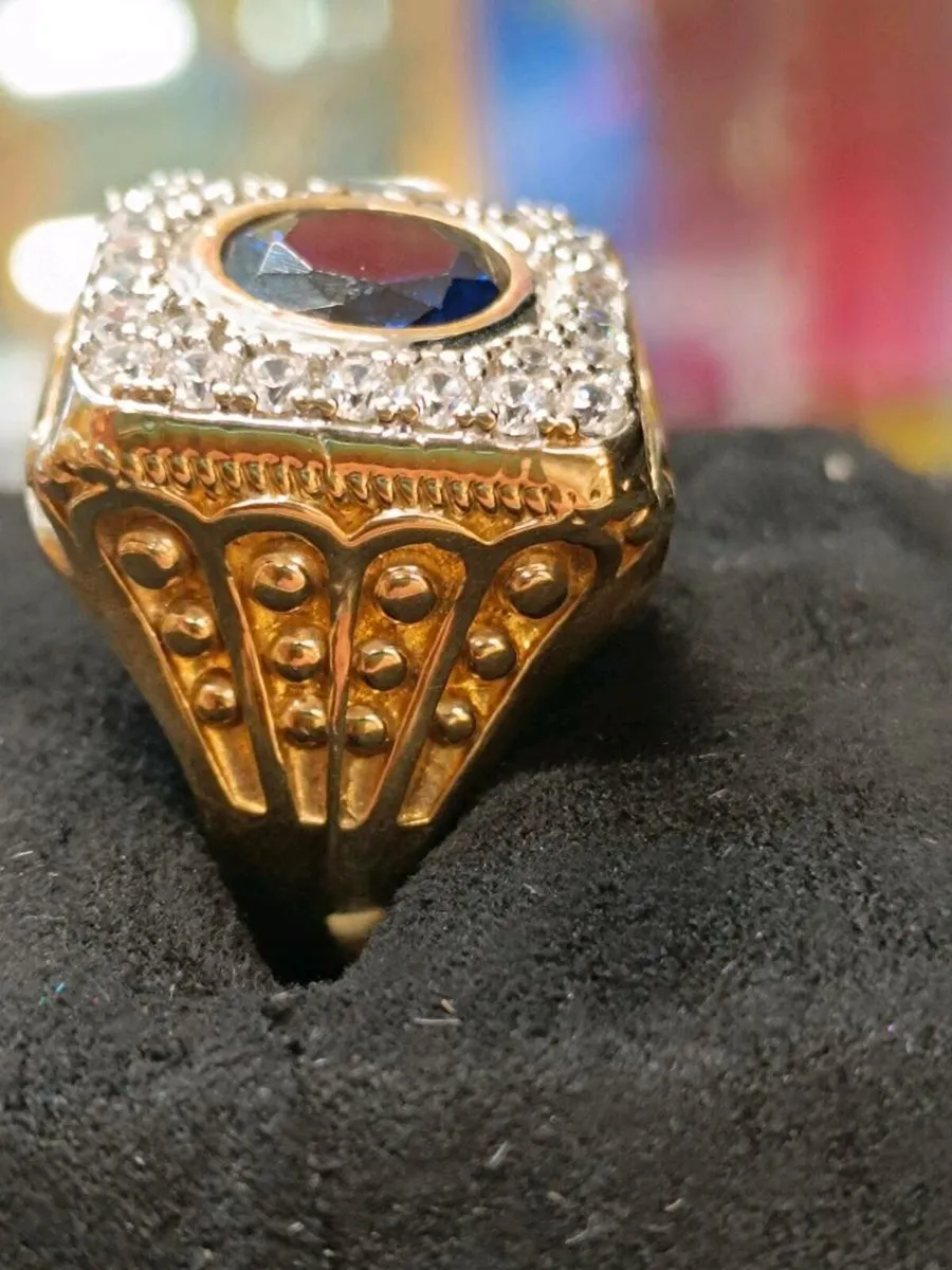 Blue Stone & CZ Signet Ring , 9k Yellow Gold - Image 2