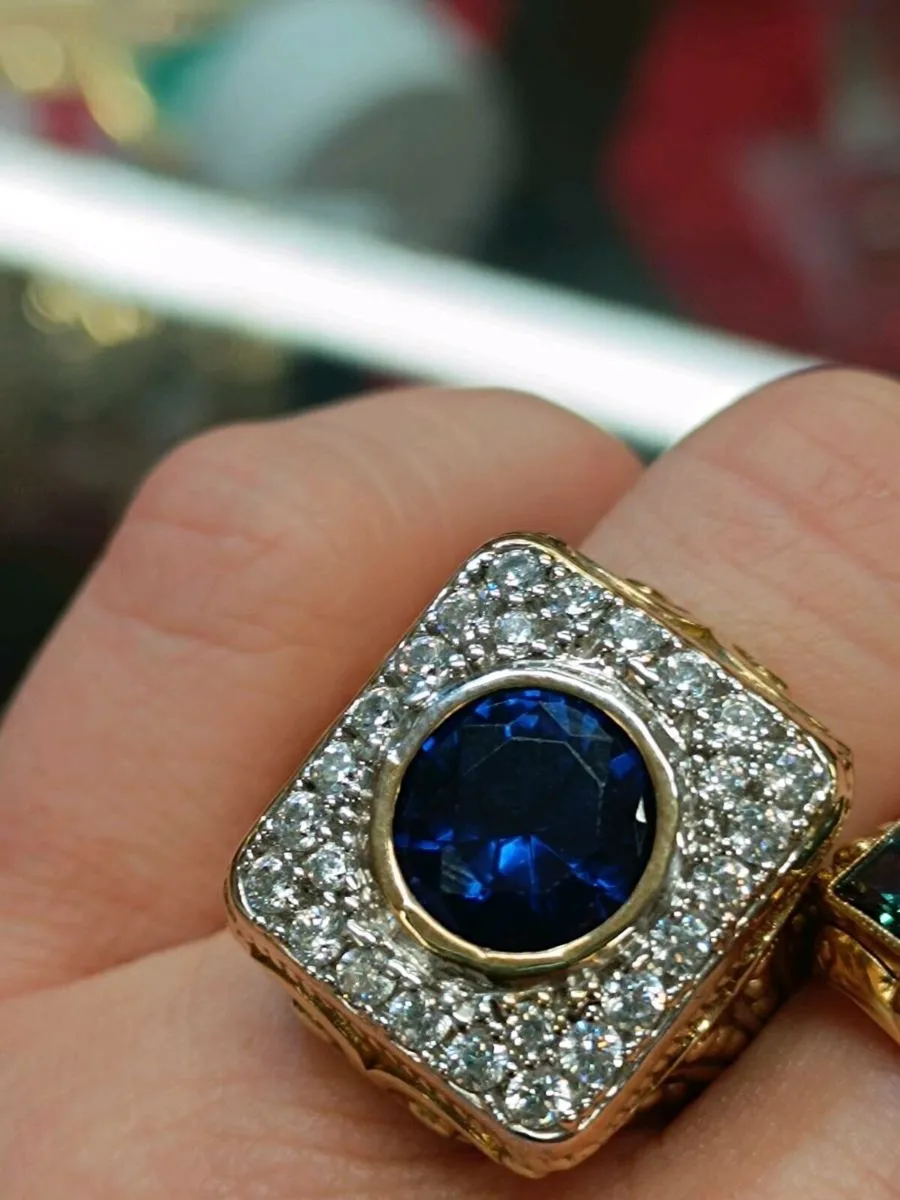 Blue Stone & CZ Signet Ring , 9k Yellow Gold - Image 3