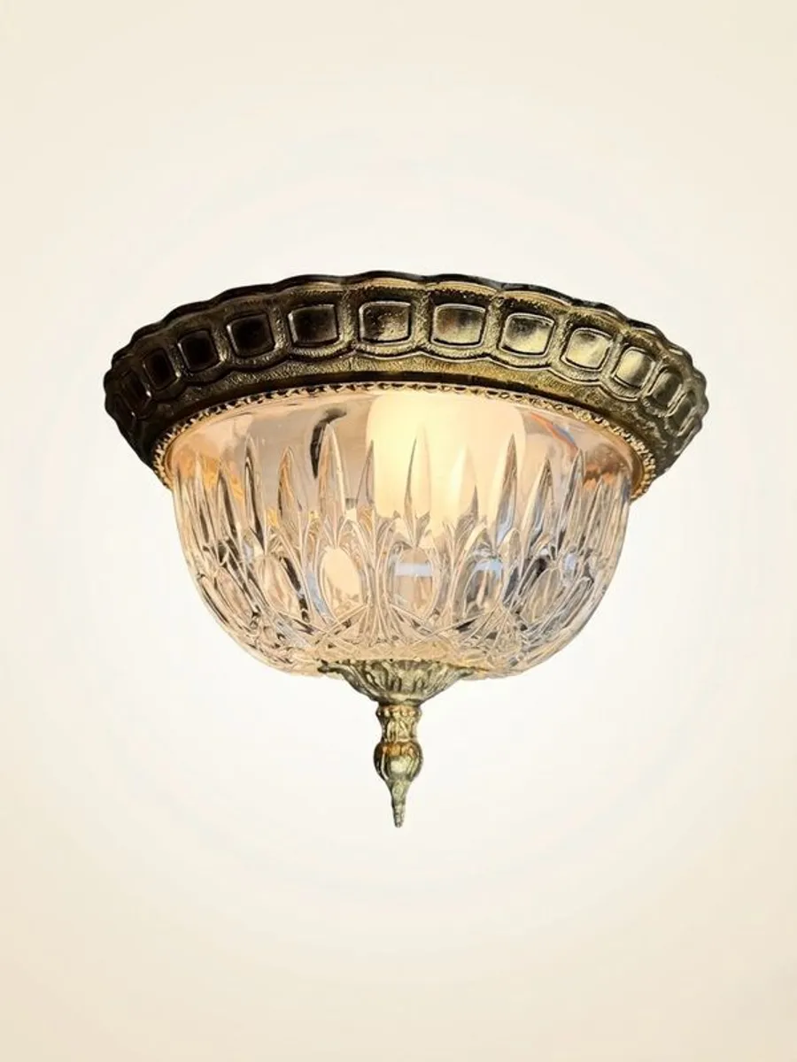 Elegant Vintage Pendant Chandelier Brass and Cut Glass Ceiling Lamp - Image 4
