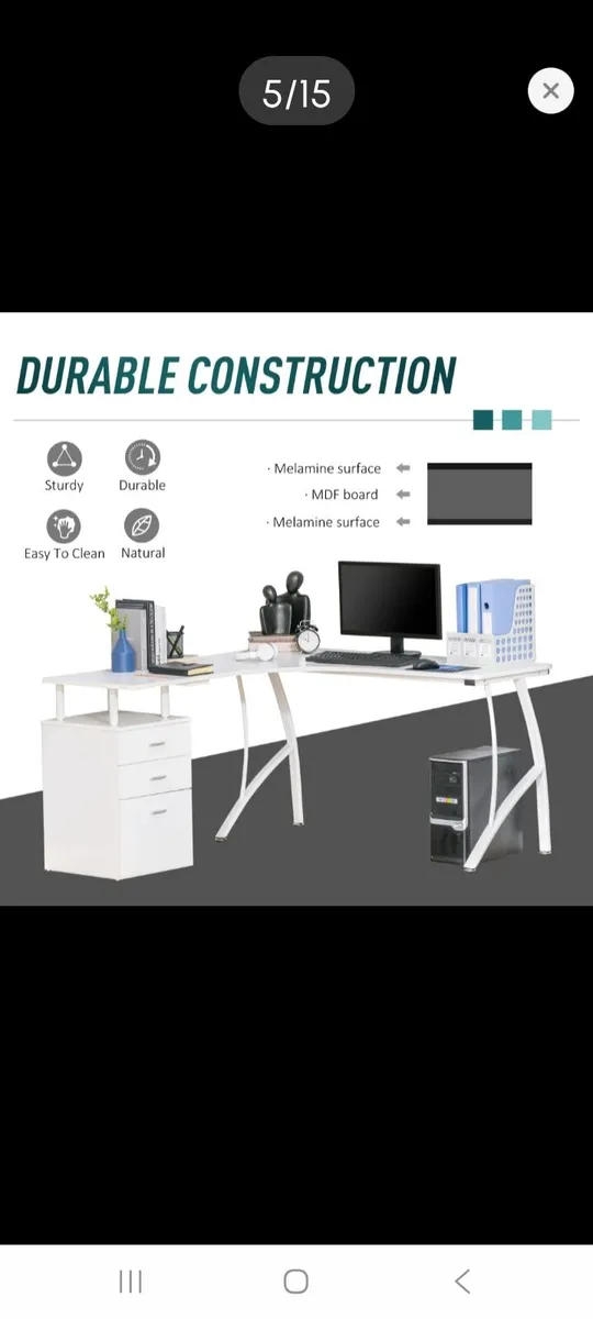 L shaped computer desk , white, new in box - Image 3