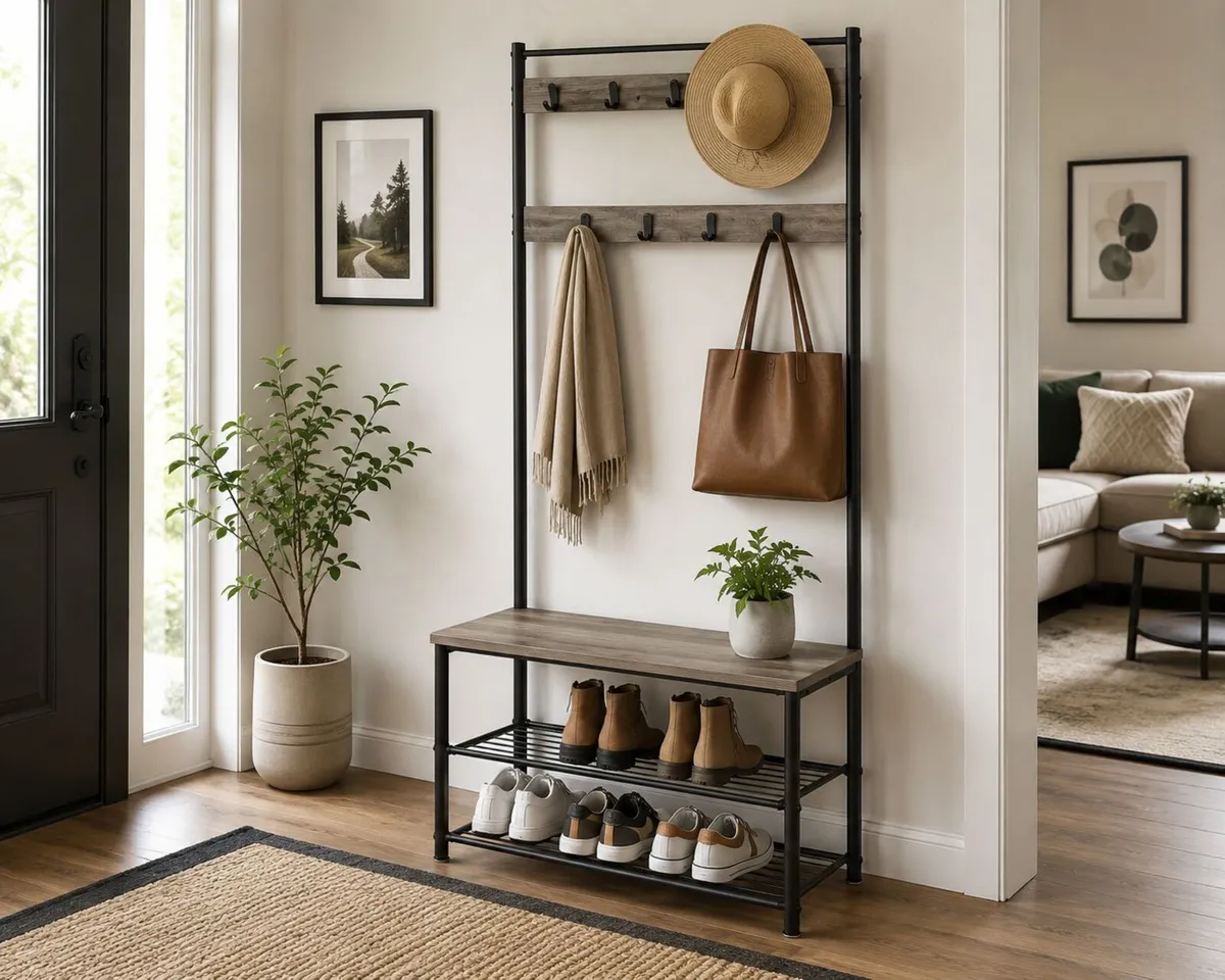 Hallway Coat Rack with Bench & Shoe Storage - Image 2