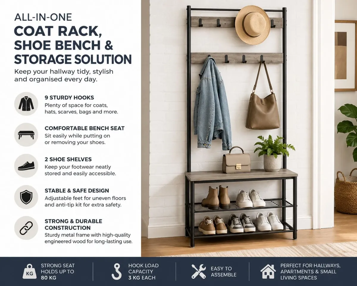Hallway Coat Rack with Bench & Shoe Storage - Image 1