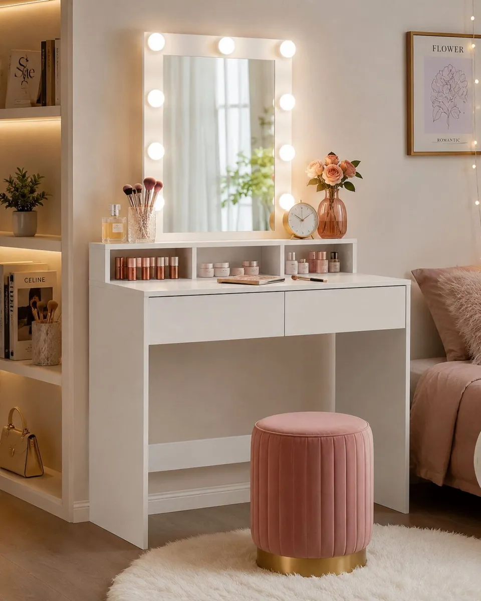 Dressing table  White  Black Hollywood  LED Mirror - Image 1