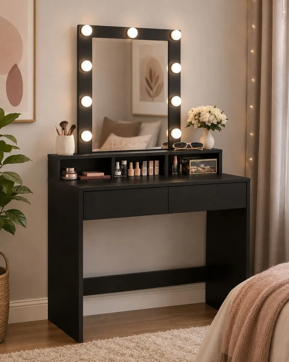 Dressing table  White  Black Hollywood  LED Mirror - Image 2
