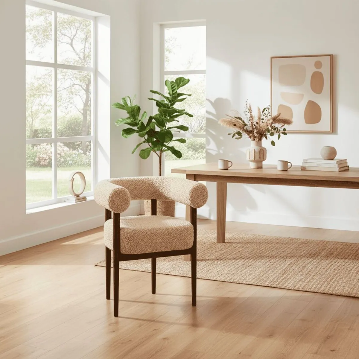 Puffy Boucle Dining Chair Wide Beech Frame - Image 1