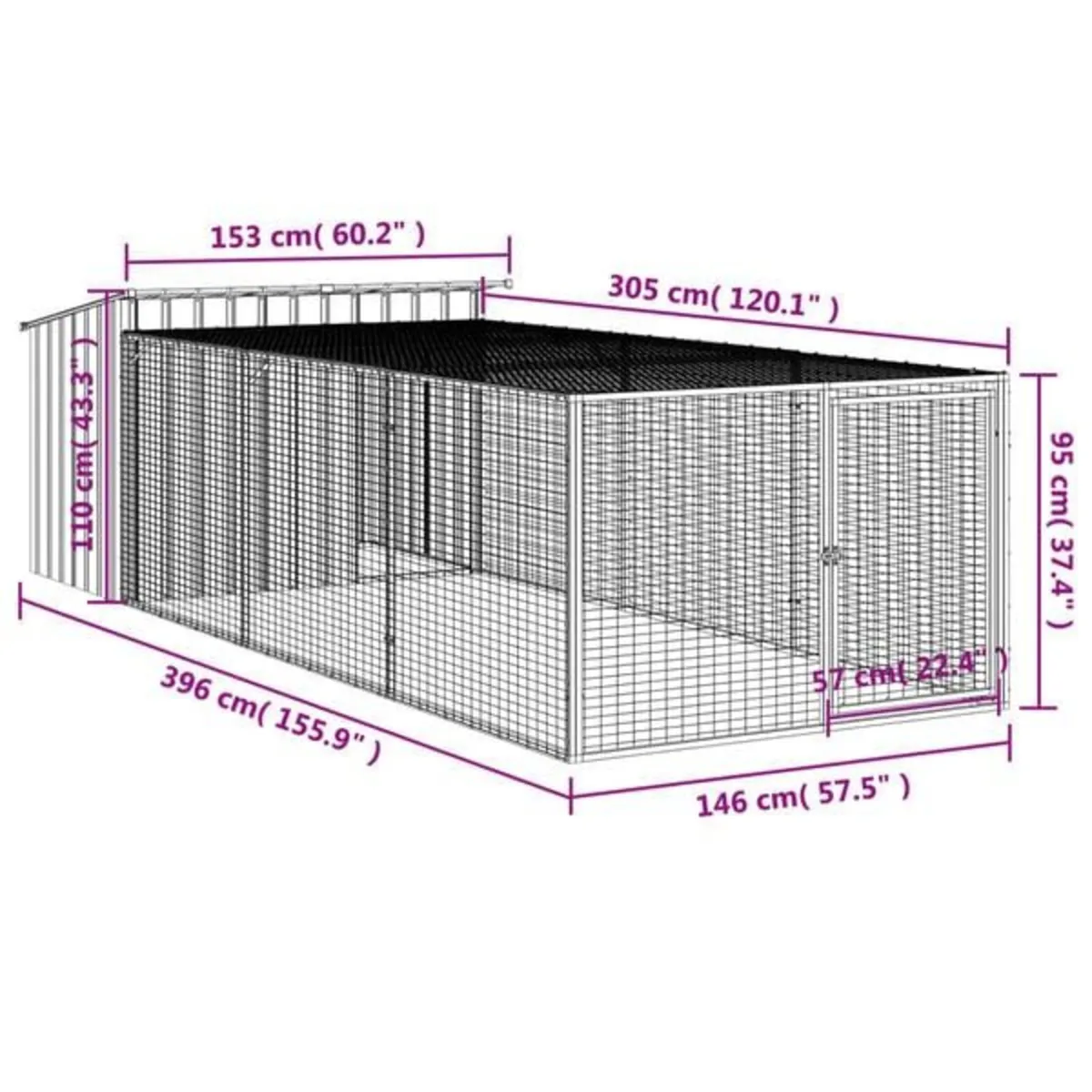 Dog House with Run Anthracite 153x396x110 - Image 2