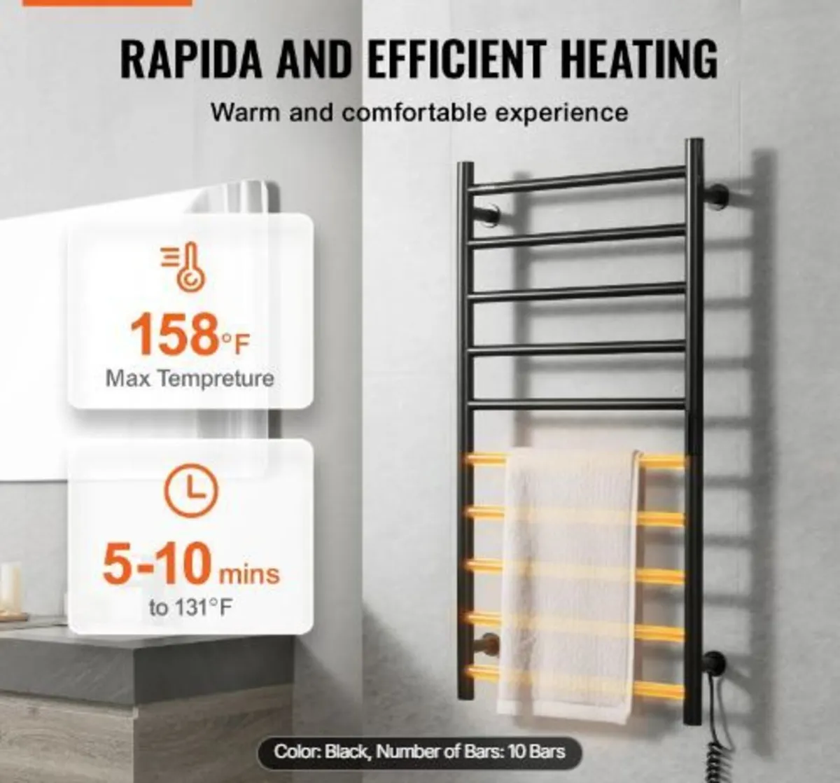10 Bars Towel Warmer Rack, Wall Mounted Heated - Image 2