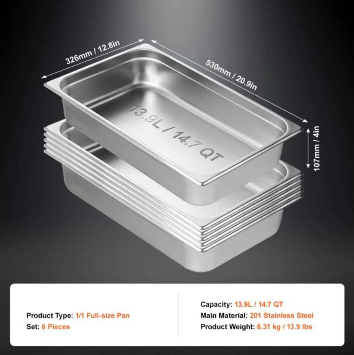 6 Pack Full Size Stainless Steel Steam Table Pan - Image 2