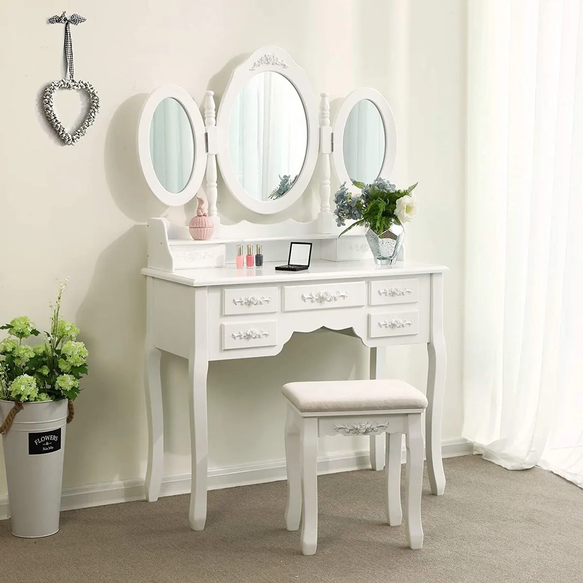 Dressing Table Set 3 Mirrors with Stool 7 Drawers - Image 3