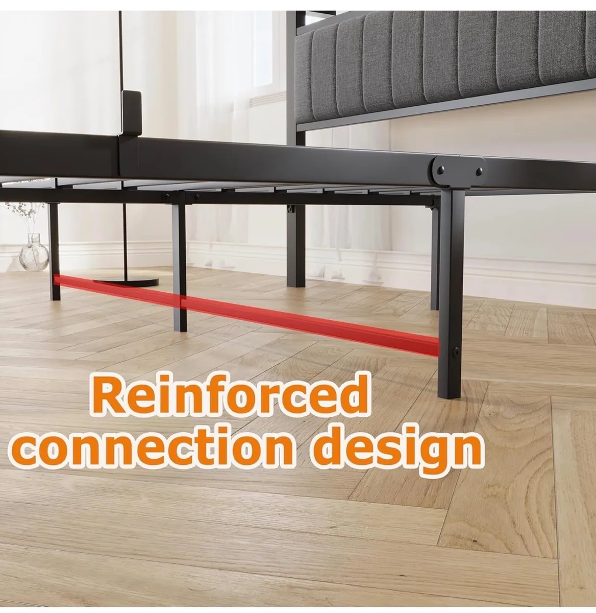 King Size Bed Frame with Storage Headboard, Metal - Image 3