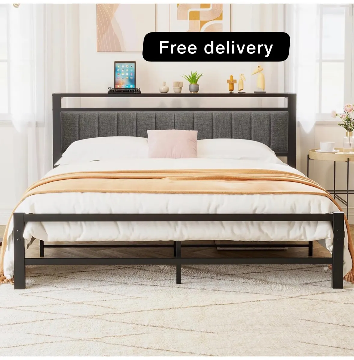 King Size Bed Frame with Storage Headboard, Metal - Image 1