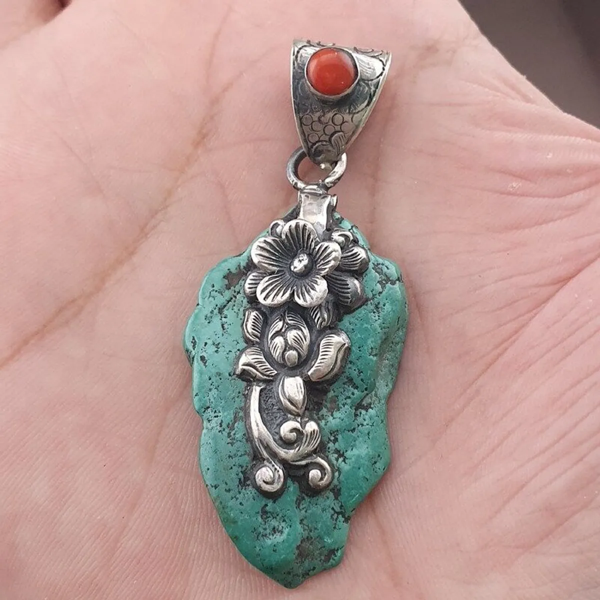 Vintage Natural Turqouise Silver Floral Desgin Pendant - Image 1