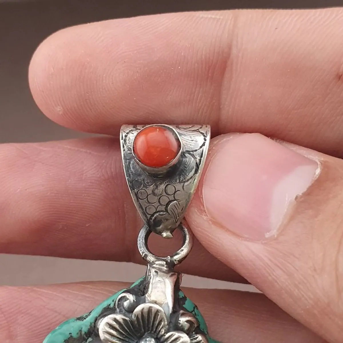 Vintage Natural Turqouise Silver Floral Desgin Pendant - Image 4