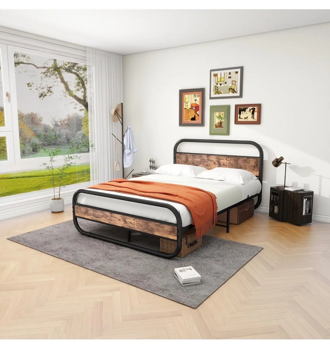 King Size Bed Metal Platform Bed Frame with Wood H - Image 2