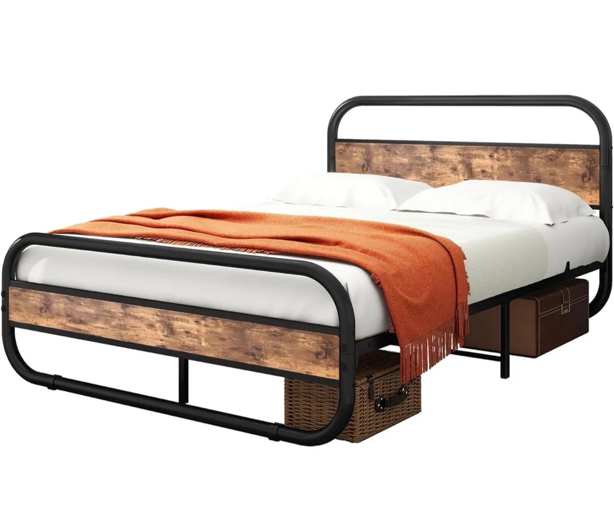 King Size Bed Metal Platform Bed Frame with Wood H - Image 4