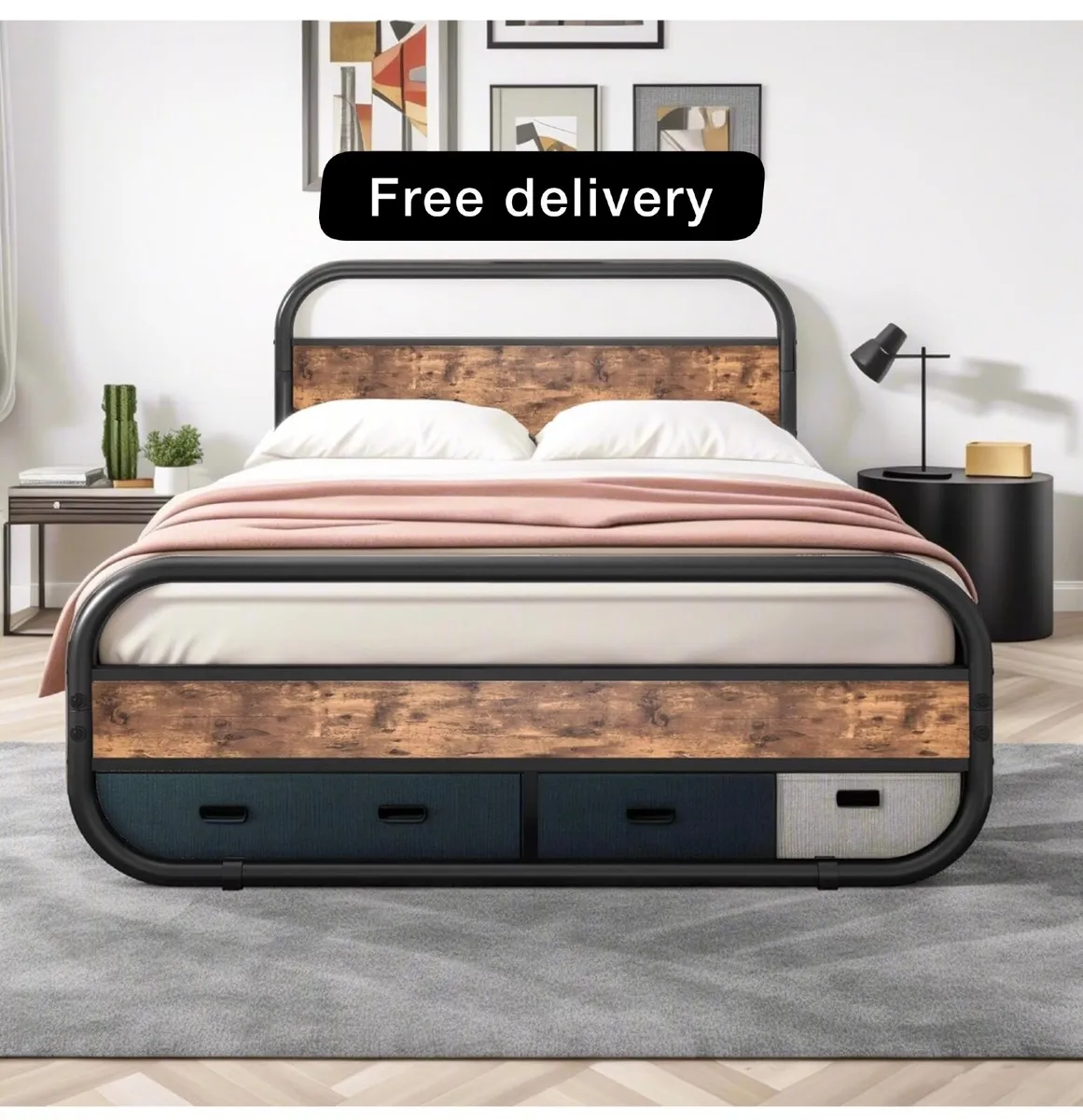King Size Bed Metal Platform Bed Frame with Wood H - Image 1