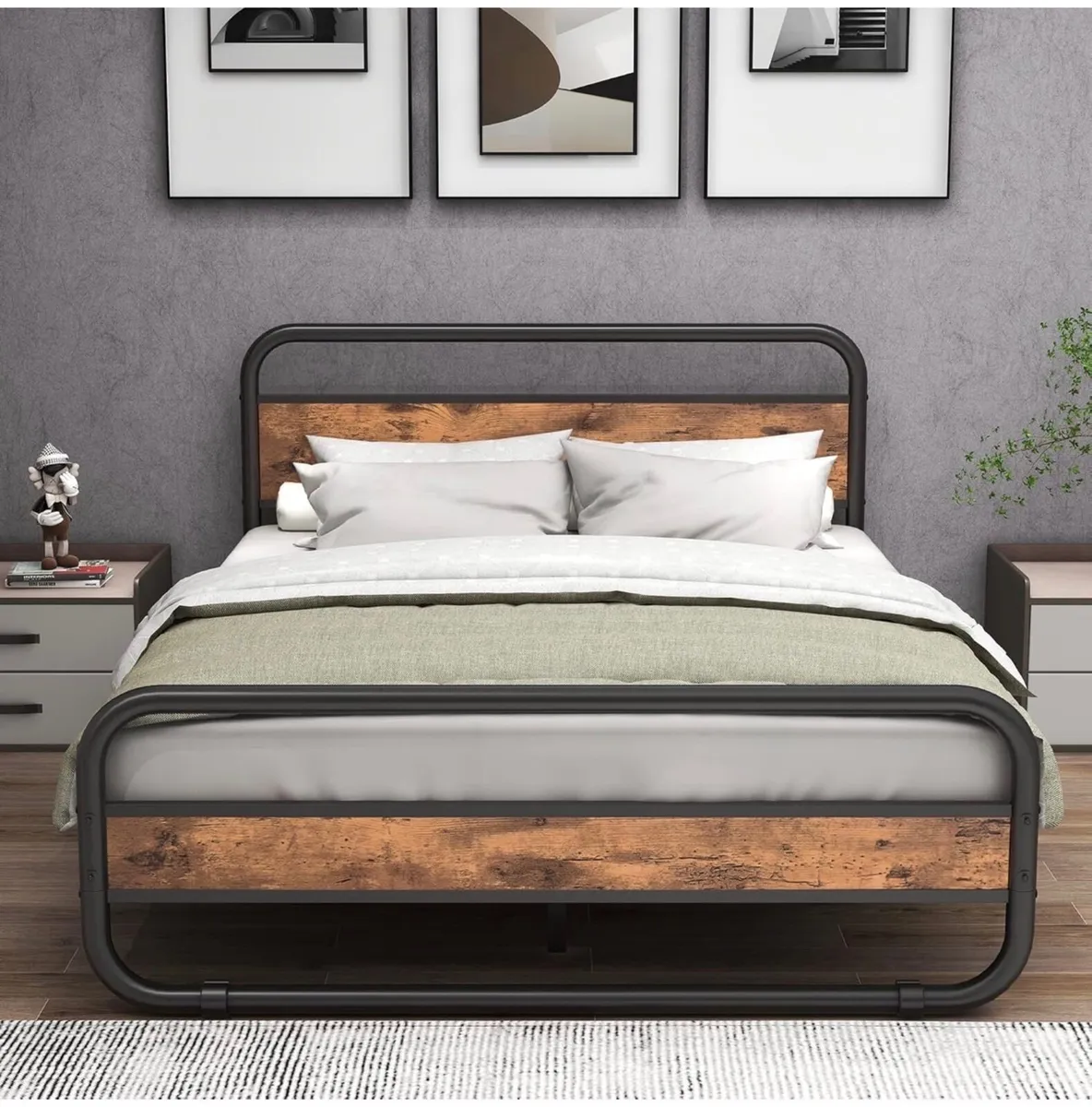 King Size Bed Metal Platform Bed Frame with Wood H - Image 1