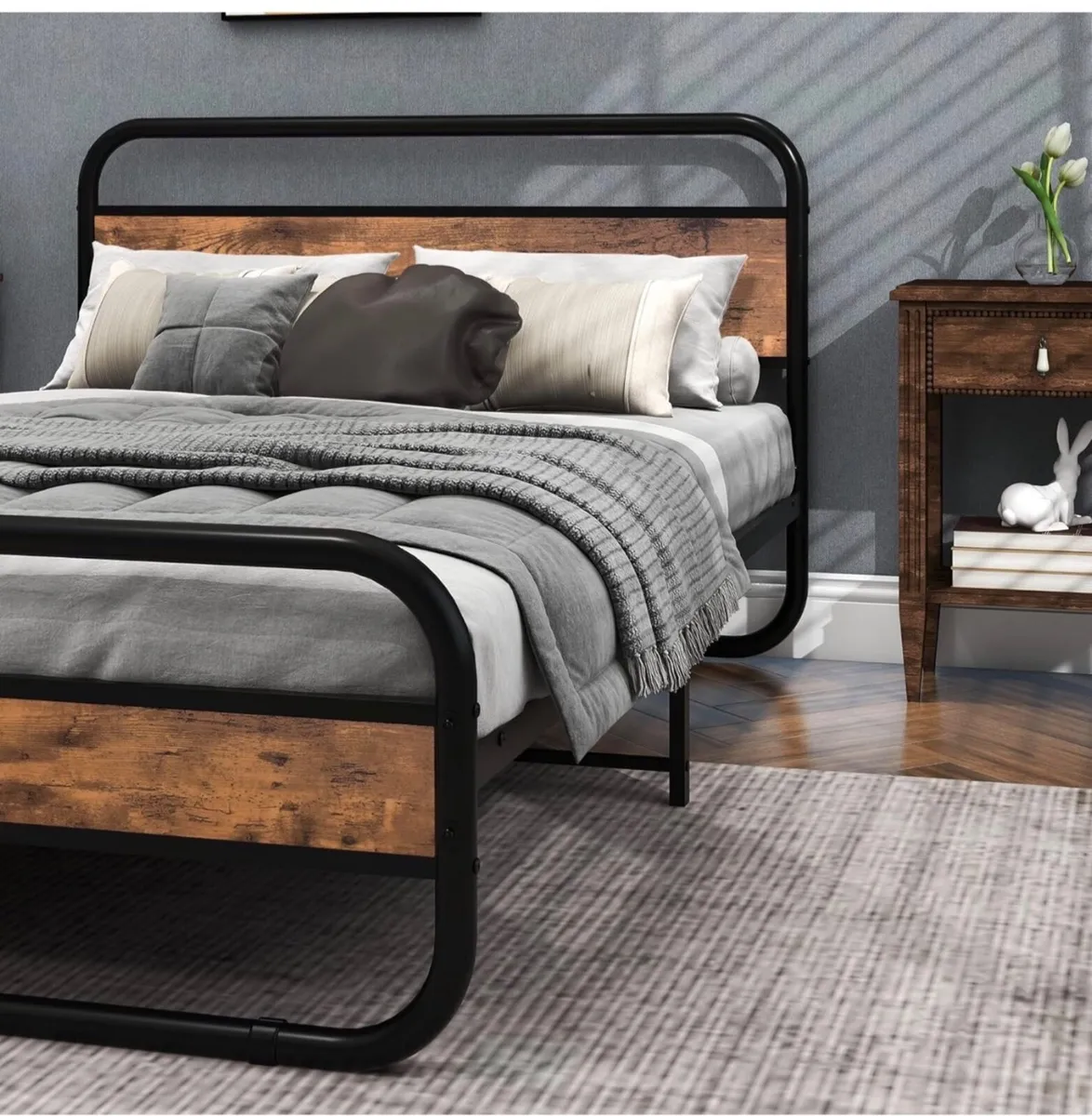 Double Bed Metal Platform Bed Frame with Wood Head - Image 4