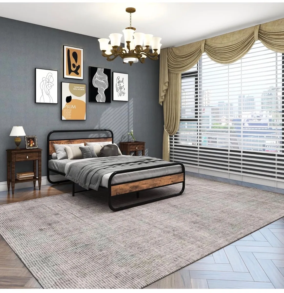 Double Bed Metal Platform Bed Frame with Wood Head - Image 2