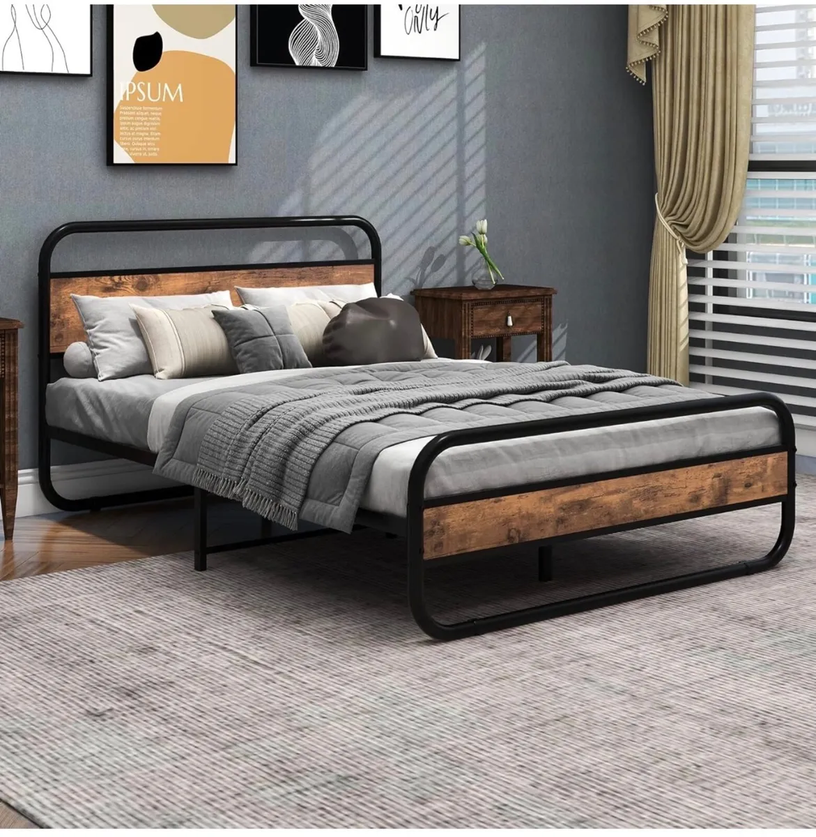 Double Bed Metal Platform Bed Frame with Wood Head - Image 1