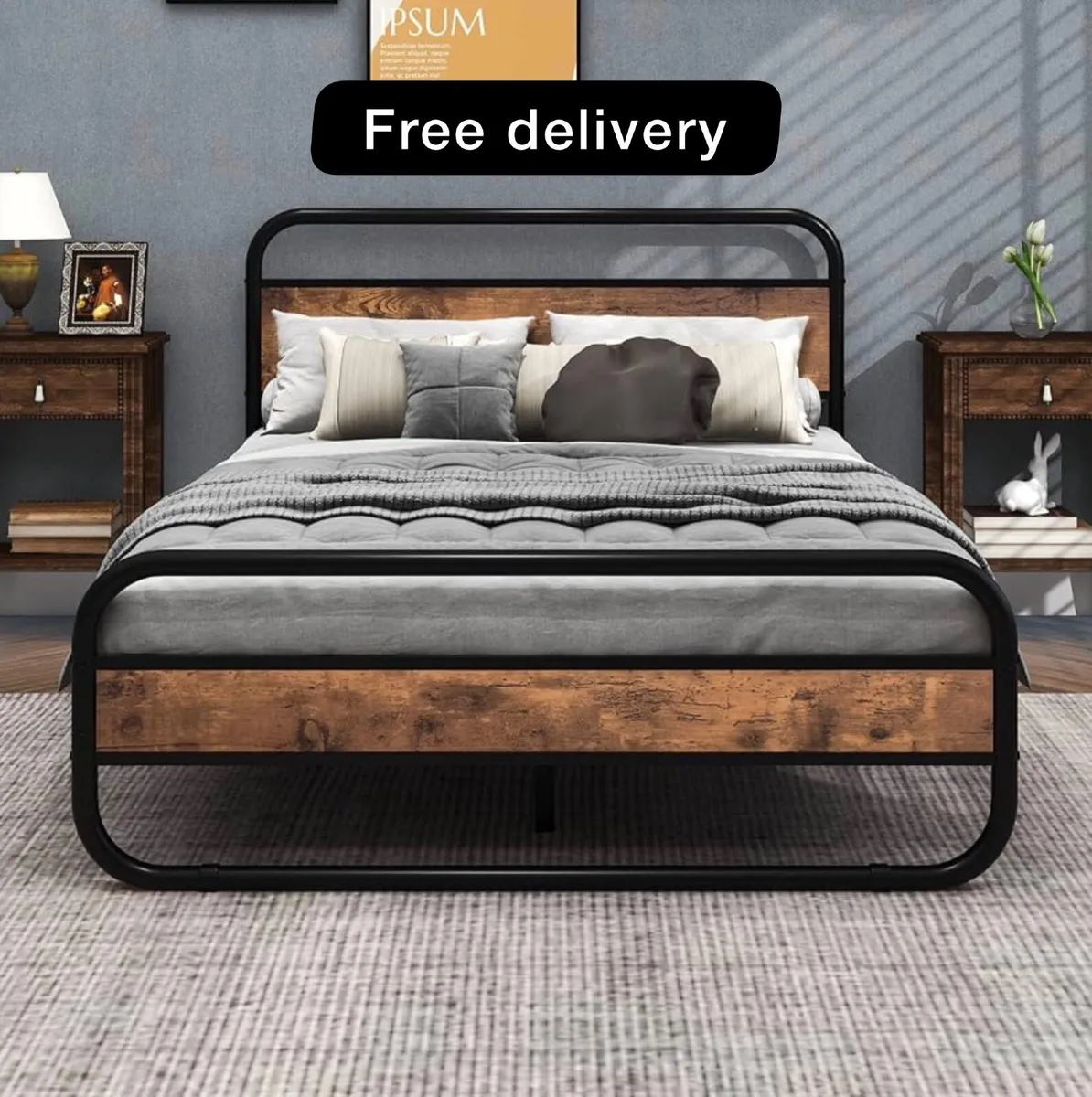 Double Bed Metal Platform Bed Frame with Wood Head - Image 1