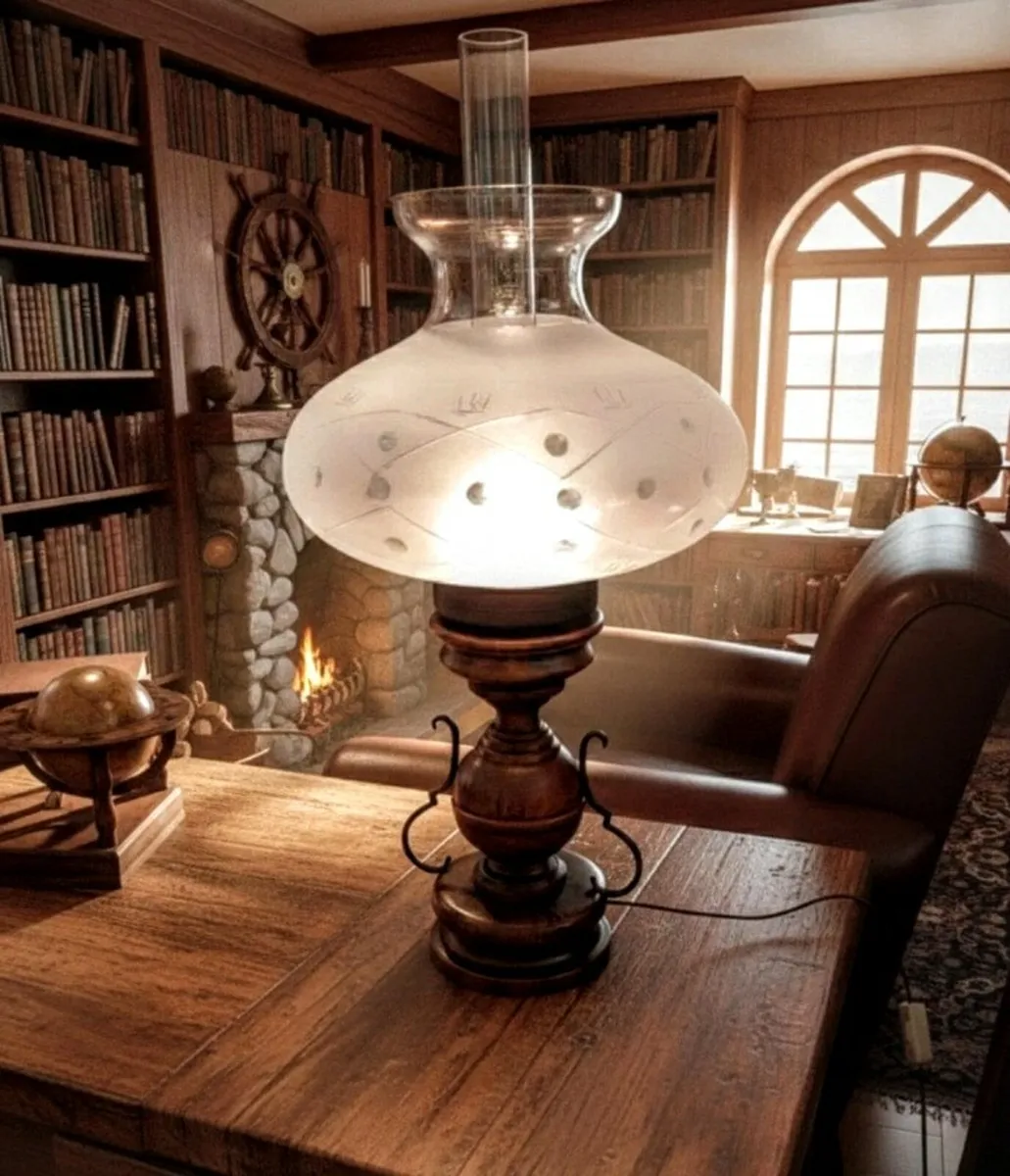 Vintage large solid wood and opaline glass lamp - Image 1