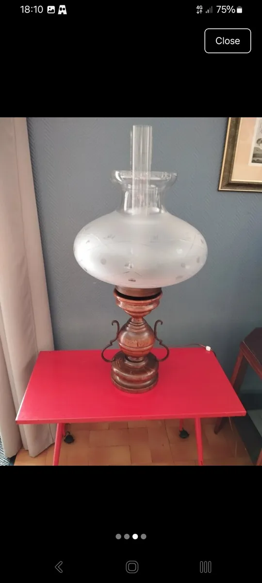 Vintage large solid wood and opaline glass lamp - Image 3