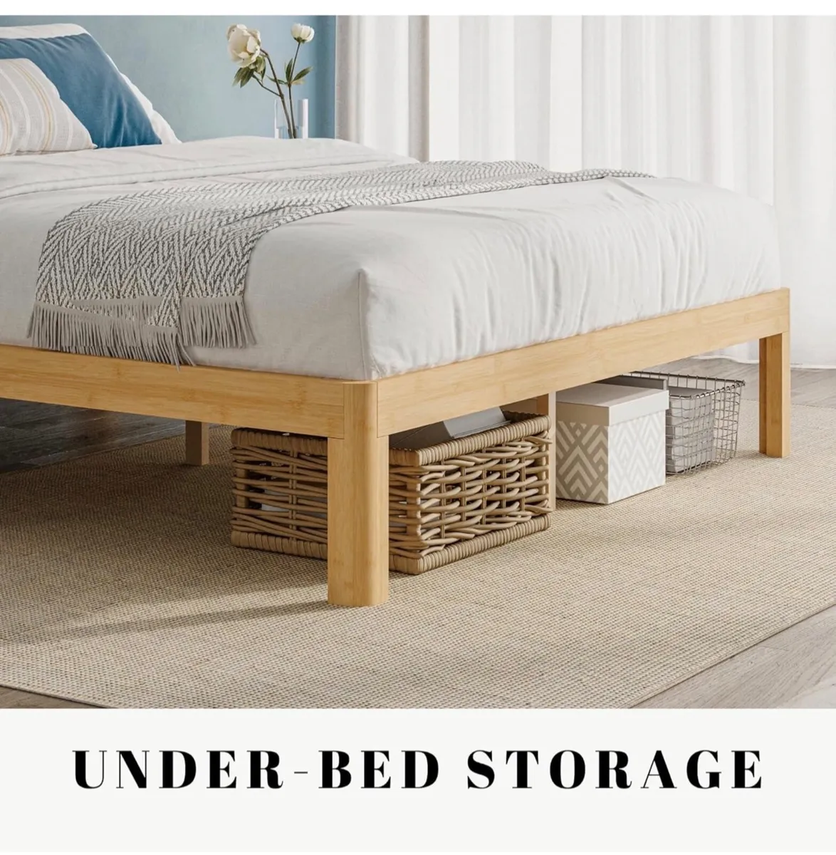 Bamboo Wood King Size Bed Frame with Metal Slats S - Image 2
