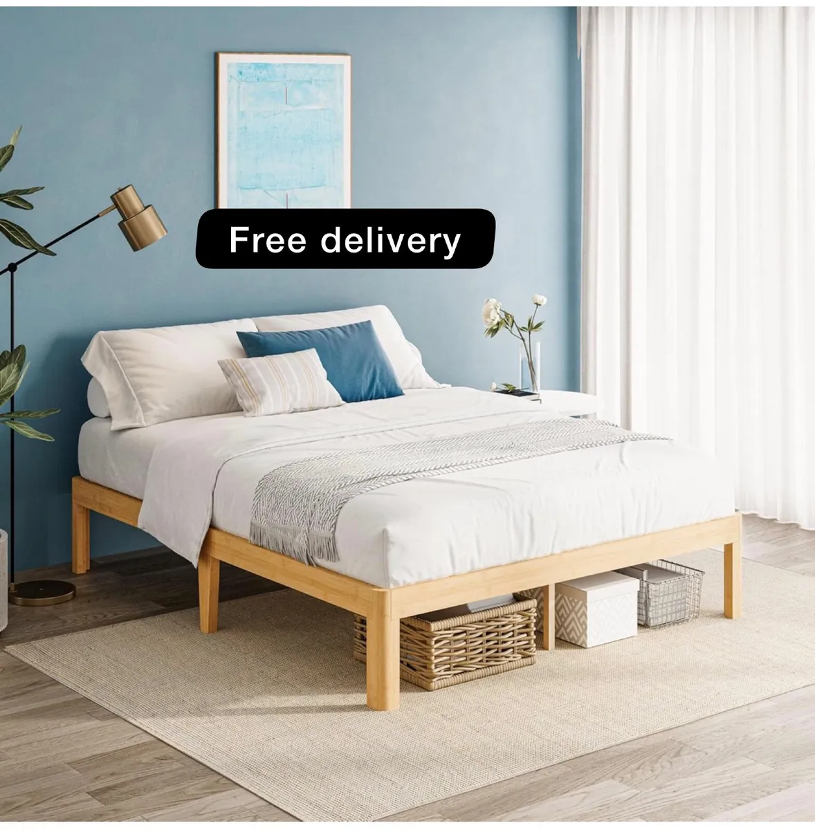 Bamboo Wood King Size Bed Frame with Metal Slats S - Image 1
