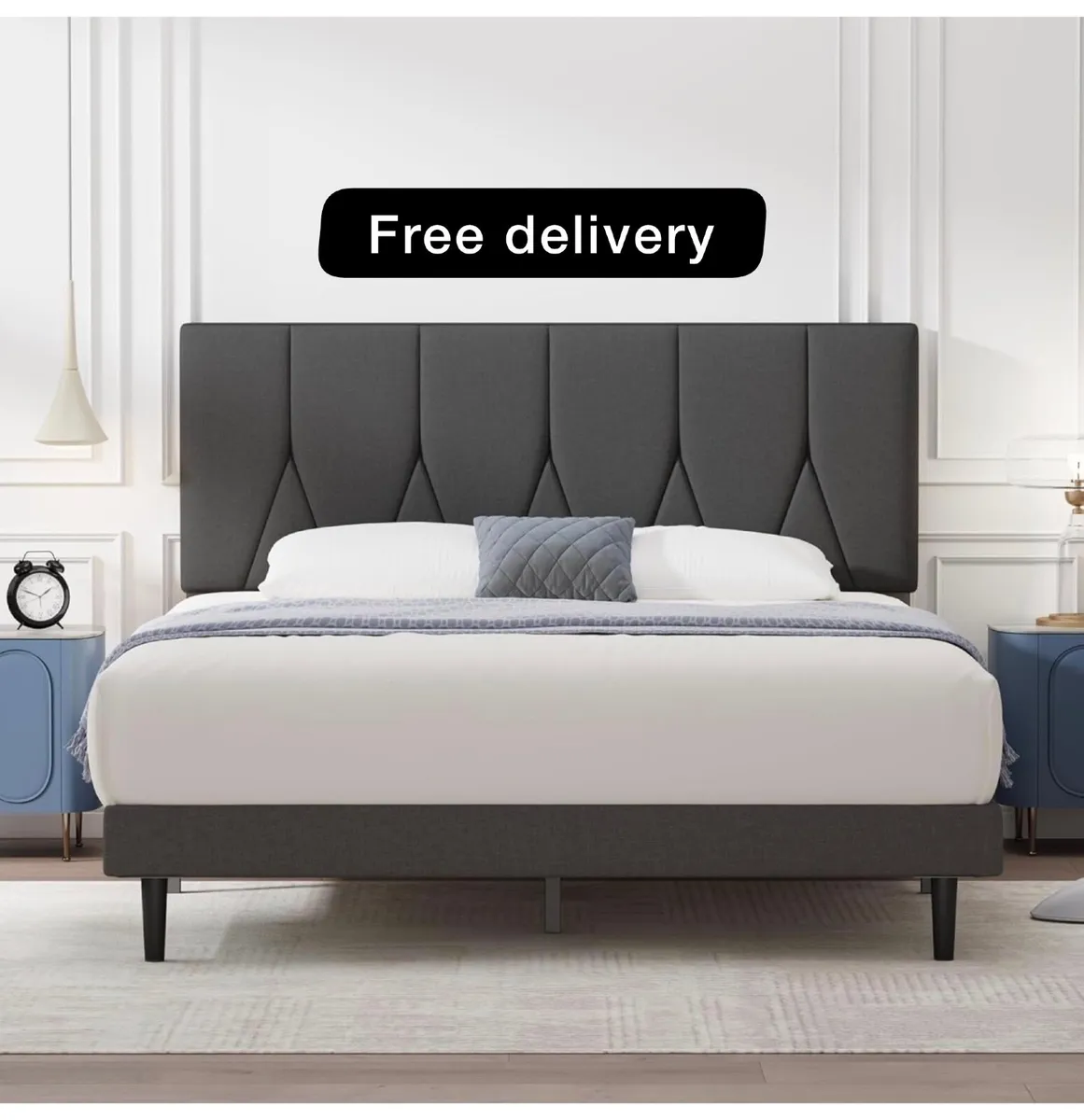 King Bed Frame, Dark Grey, Upholstered Wooden Slat - Image 1