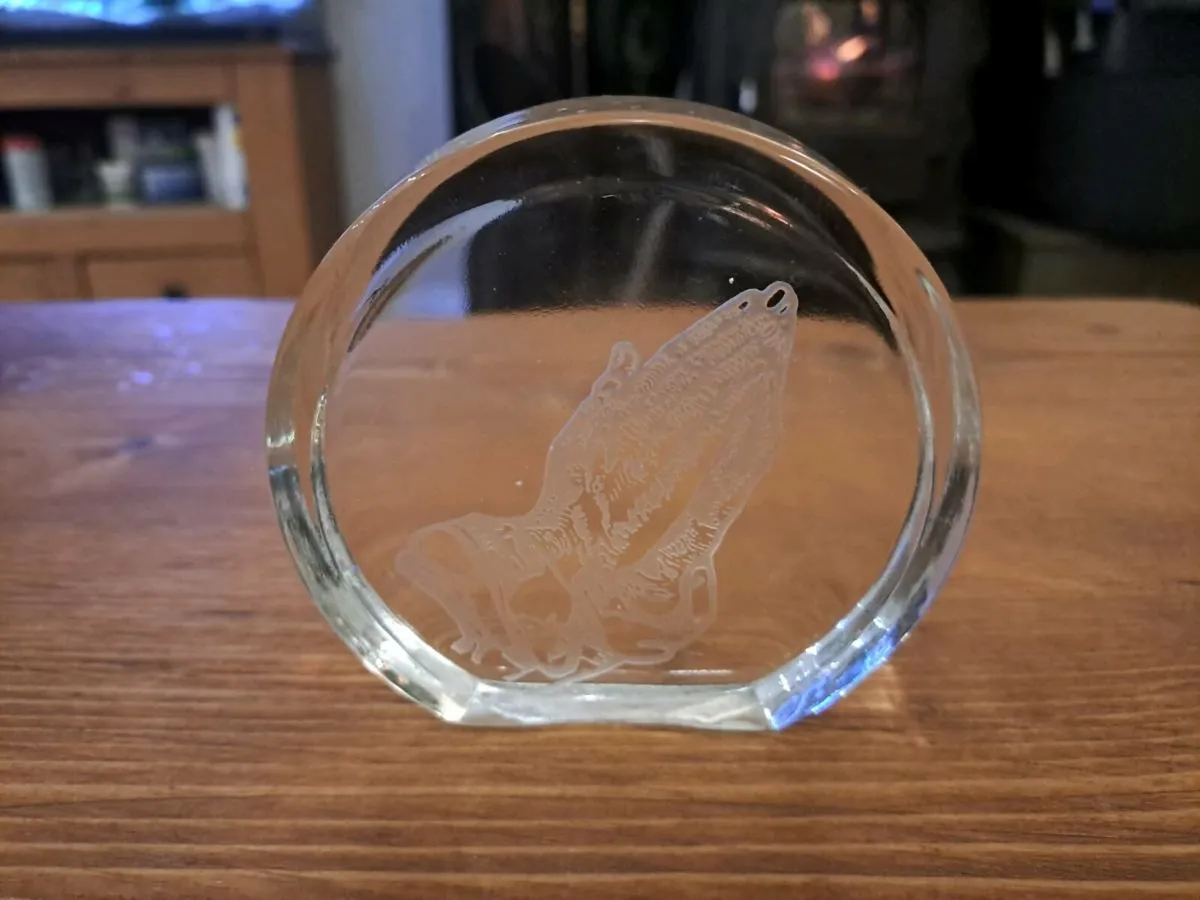 Vintage Glass Paperweight – Etched Praying Hands - Image 1