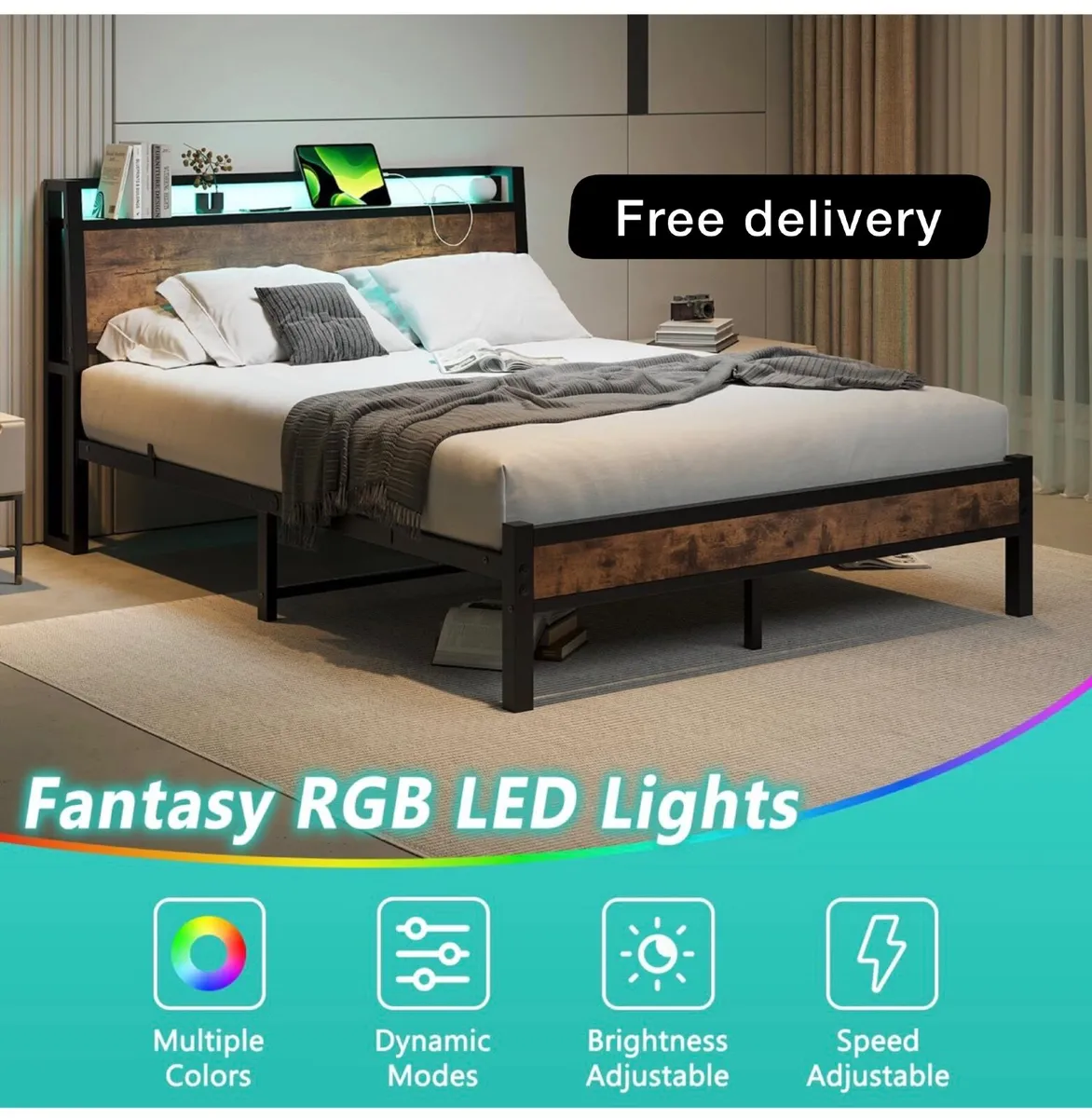 King Size Bed Frame with Charging Station and LED - Image 1