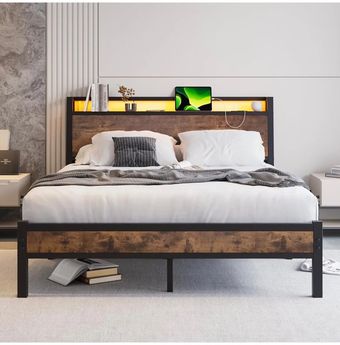 King Size Bed Frame with Charging Station and LED - Image 1