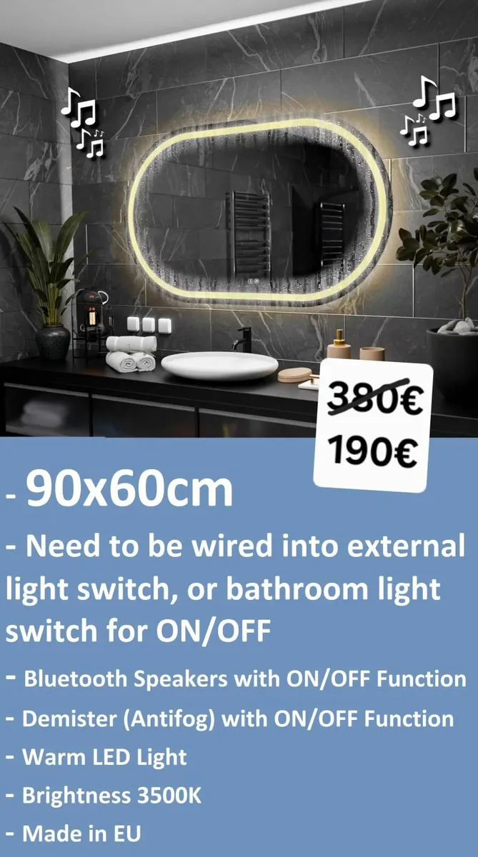LED Bathroom Mirror Bluetooth Speakers Fog Free