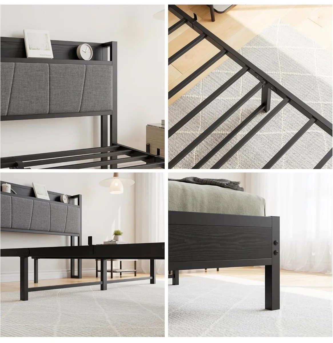 King Size Bed Frame with Storage Wooden Headboard - Image 3