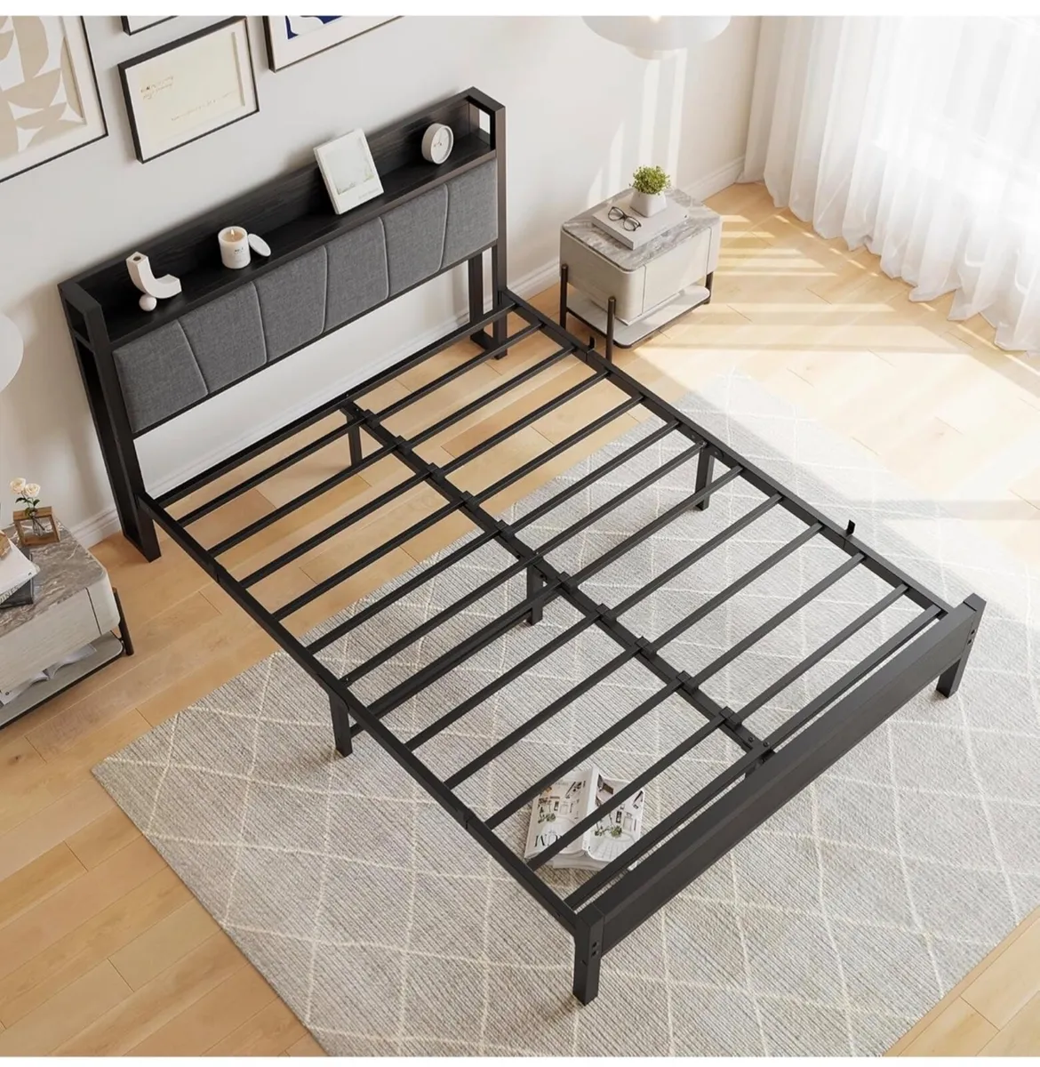 King Size Bed Frame with Storage Wooden Headboard - Image 4