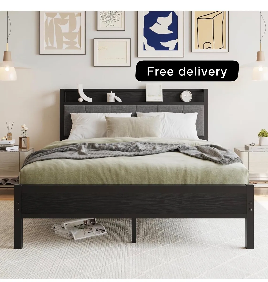 King Size Bed Frame with Storage Wooden Headboard - Image 1