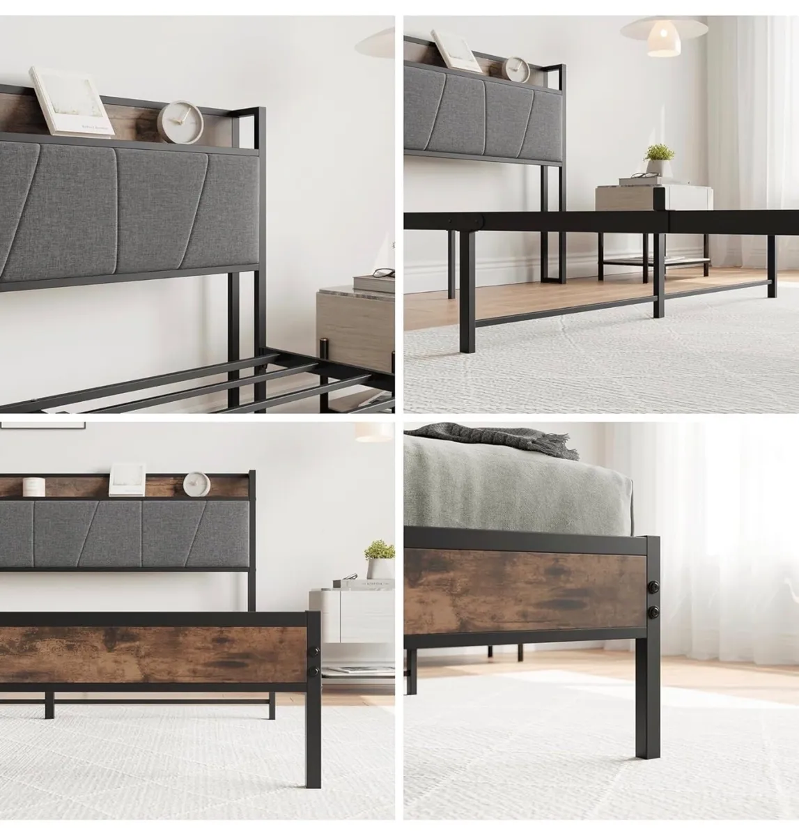 King Size Bed Frame with Storage Wooden Headboard, - Image 2