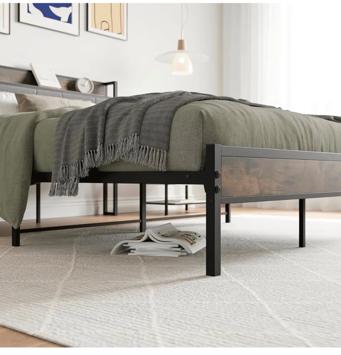 King Size Bed Frame with Storage Wooden Headboard, - Image 3