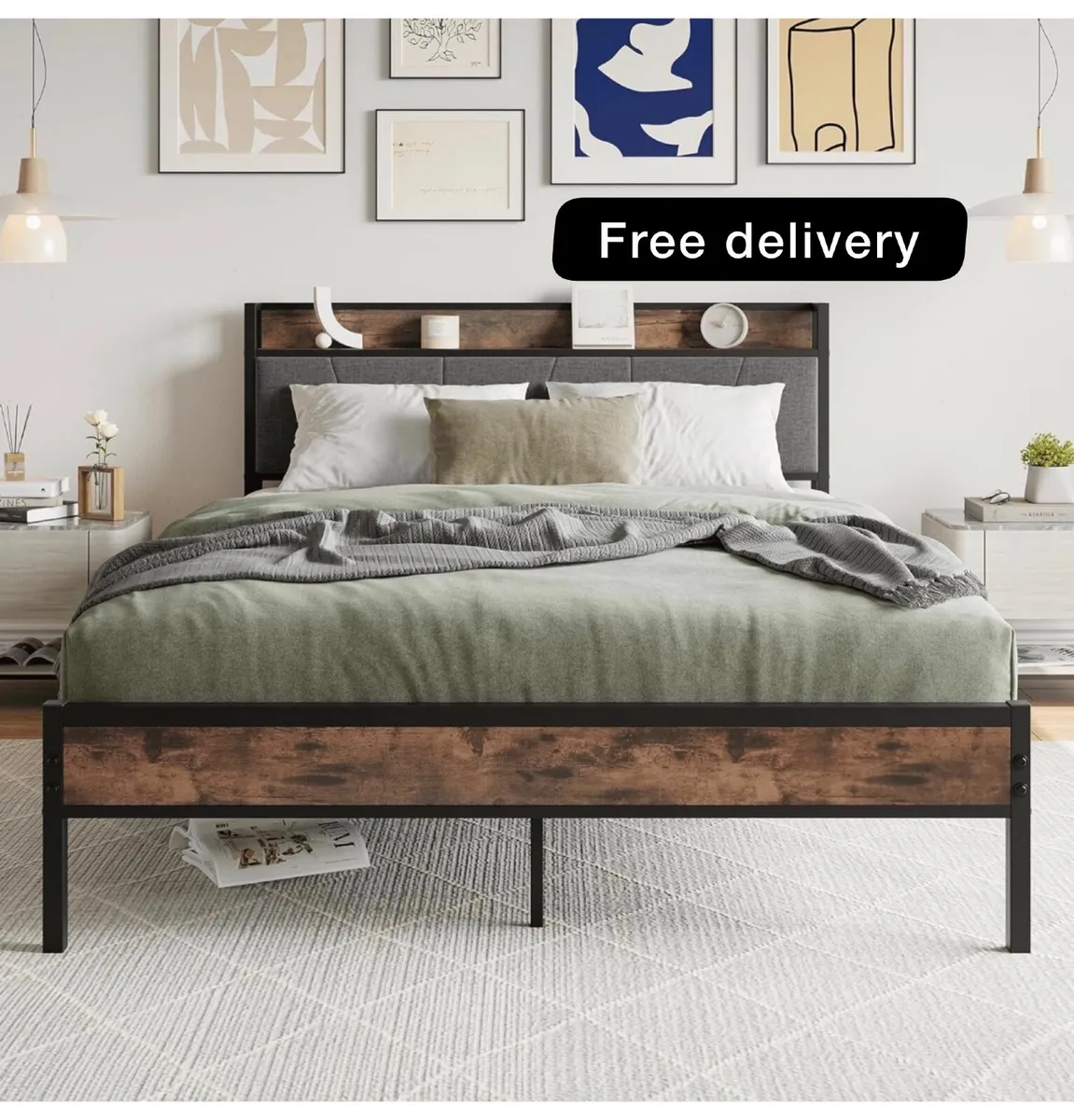 King Size Bed Frame with Storage Wooden Headboard, - Image 1