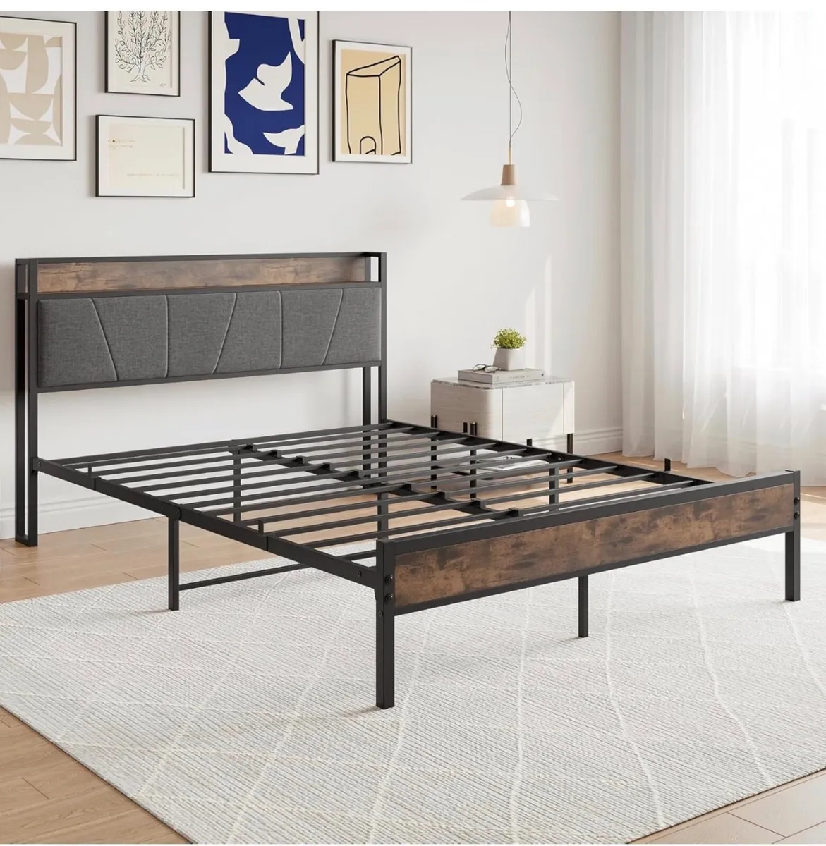King Size Bed Frame with Storage Wooden Headboard, - Image 2
