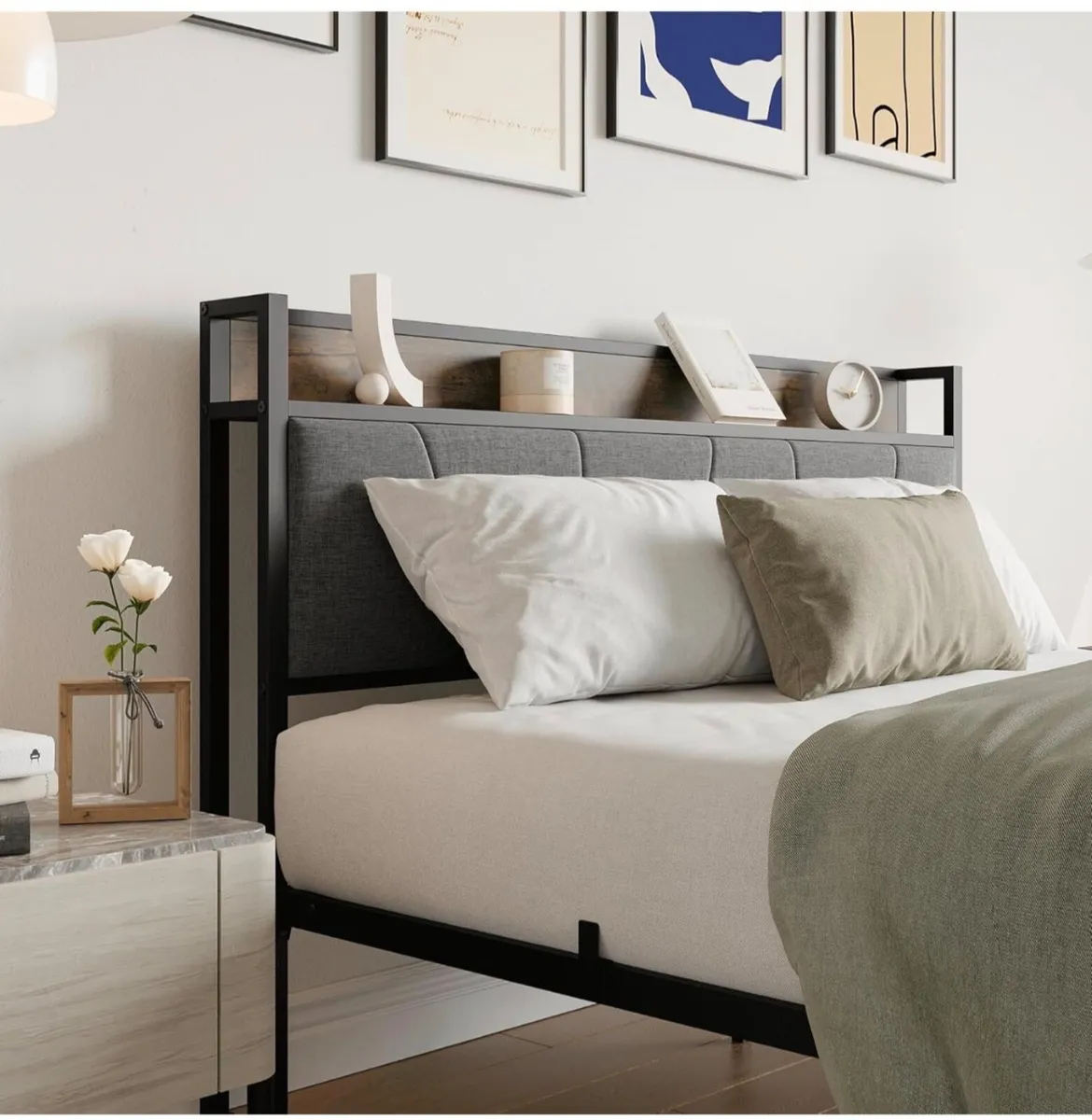 King Size Bed Frame with Storage Wooden Headboard, - Image 4