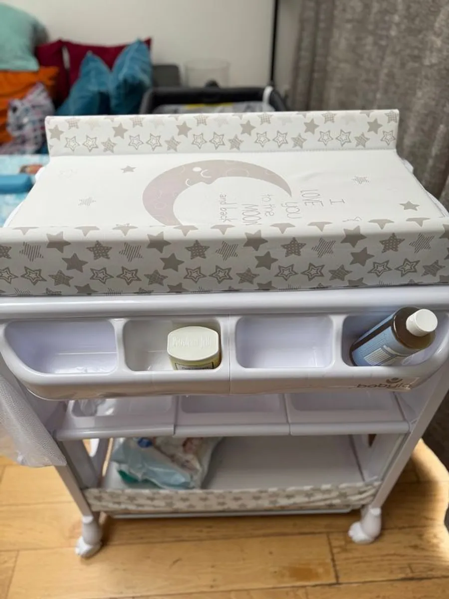 Baby Cot, Changing table with organiser, 2 breast pumps manual and electric , clothes, baby bouncer - Image 1