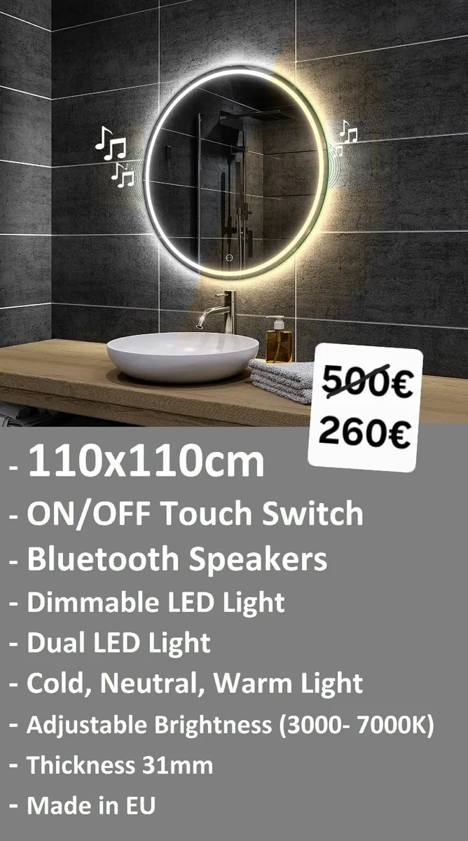 LED Bathroom Mirror Dual LED Bluetooth Speakers