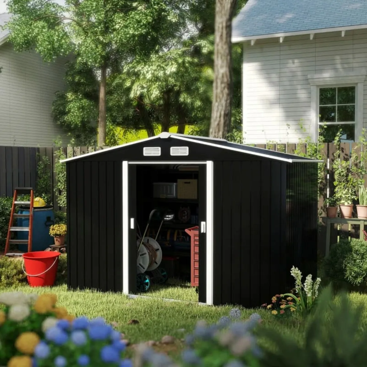 9 x 6FT Metal Shed Roofed Garden Shed Outdoor Stor - Image 2