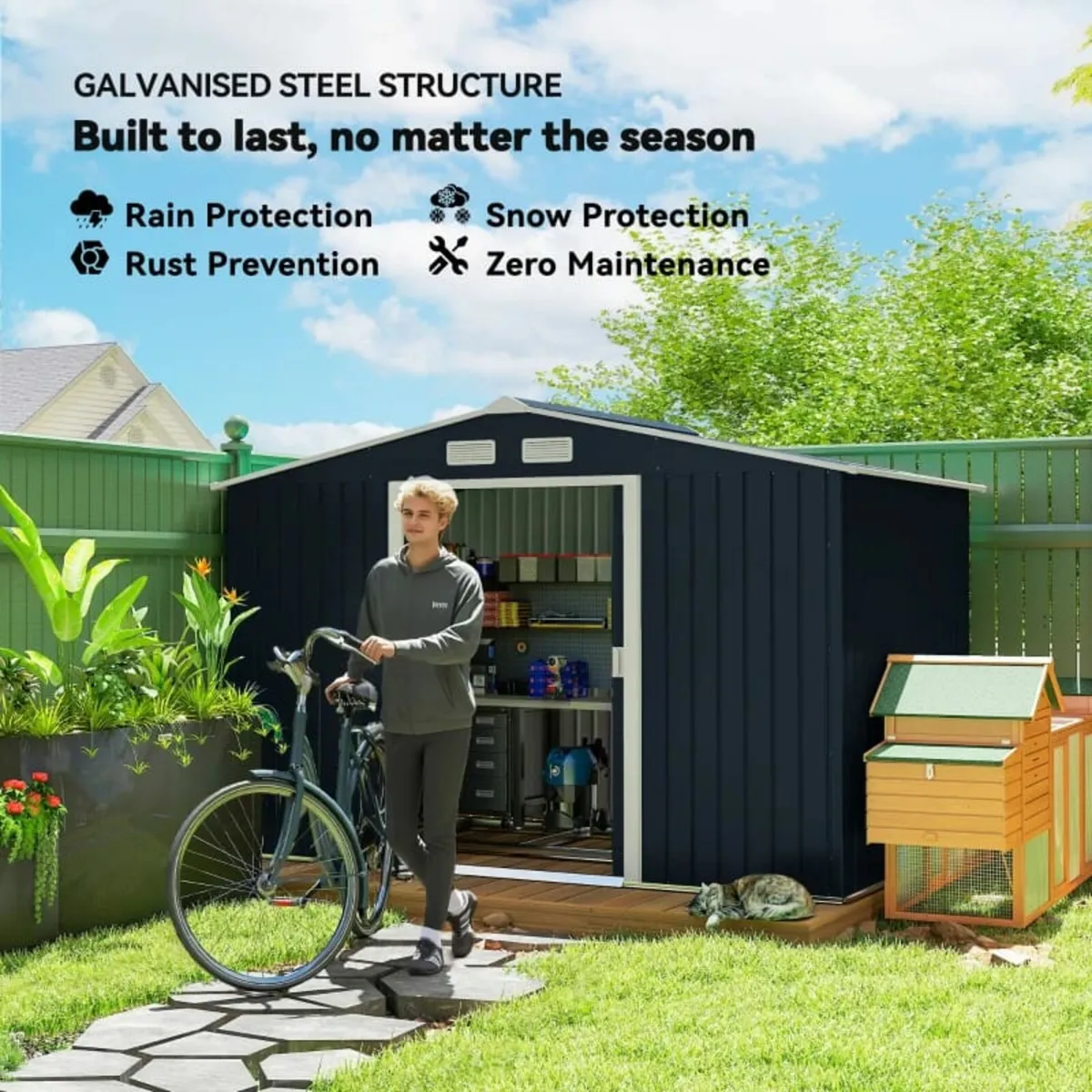 9 x 6FT Metal Shed Roofed Garden Shed Outdoor Stor - Image 4