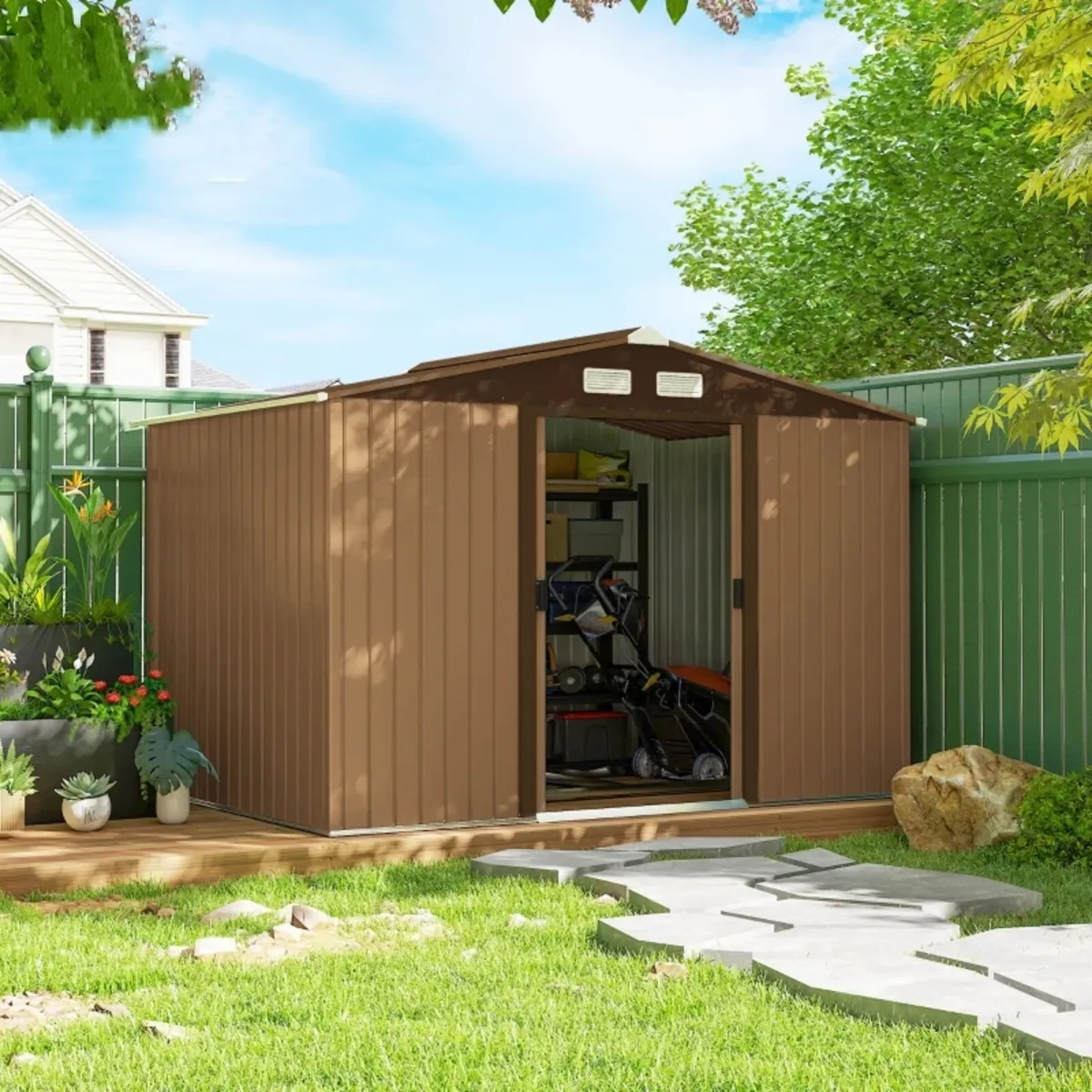 9 x 6FT Outdoor Garden Roofed Metal Storage Shed T - Image 3