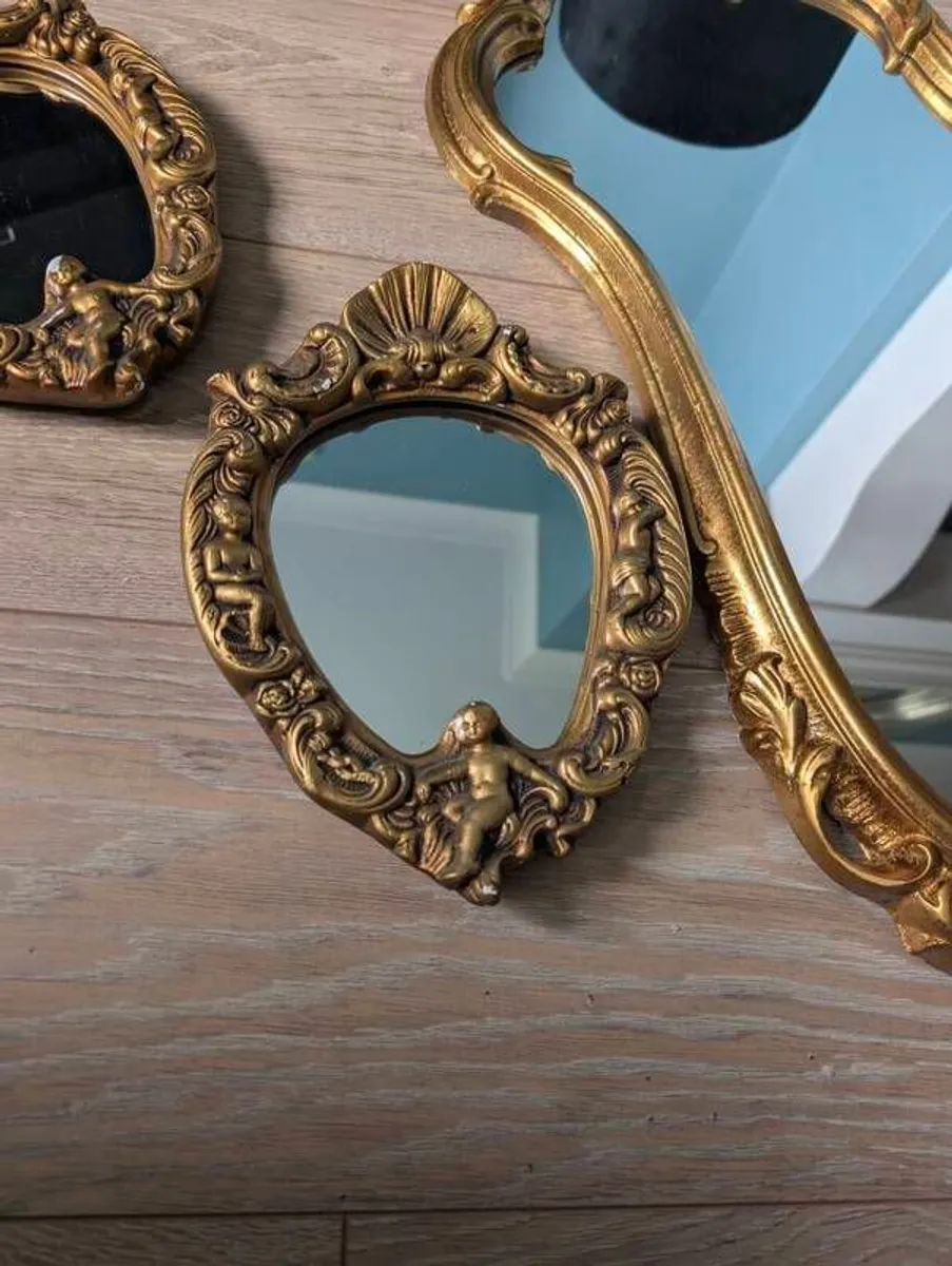 Stunning 3-Piece Vintage Gilt Mirror Set Rococo & Cherub Style - Image 2